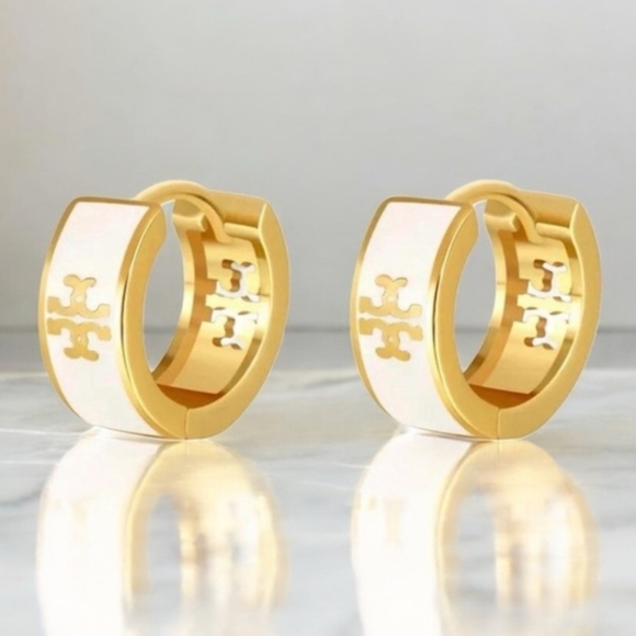 Tory Burch Jewelry - Tory Burch Gold and White Logo Hoop Earrings